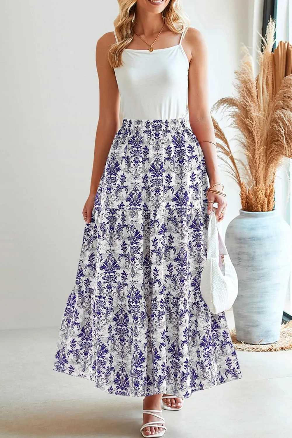 Happy Sailed Skirts for Women Spring Summer Boho Floral Print High Waist Flowy Split A Line Maxi Skirt with Pockets