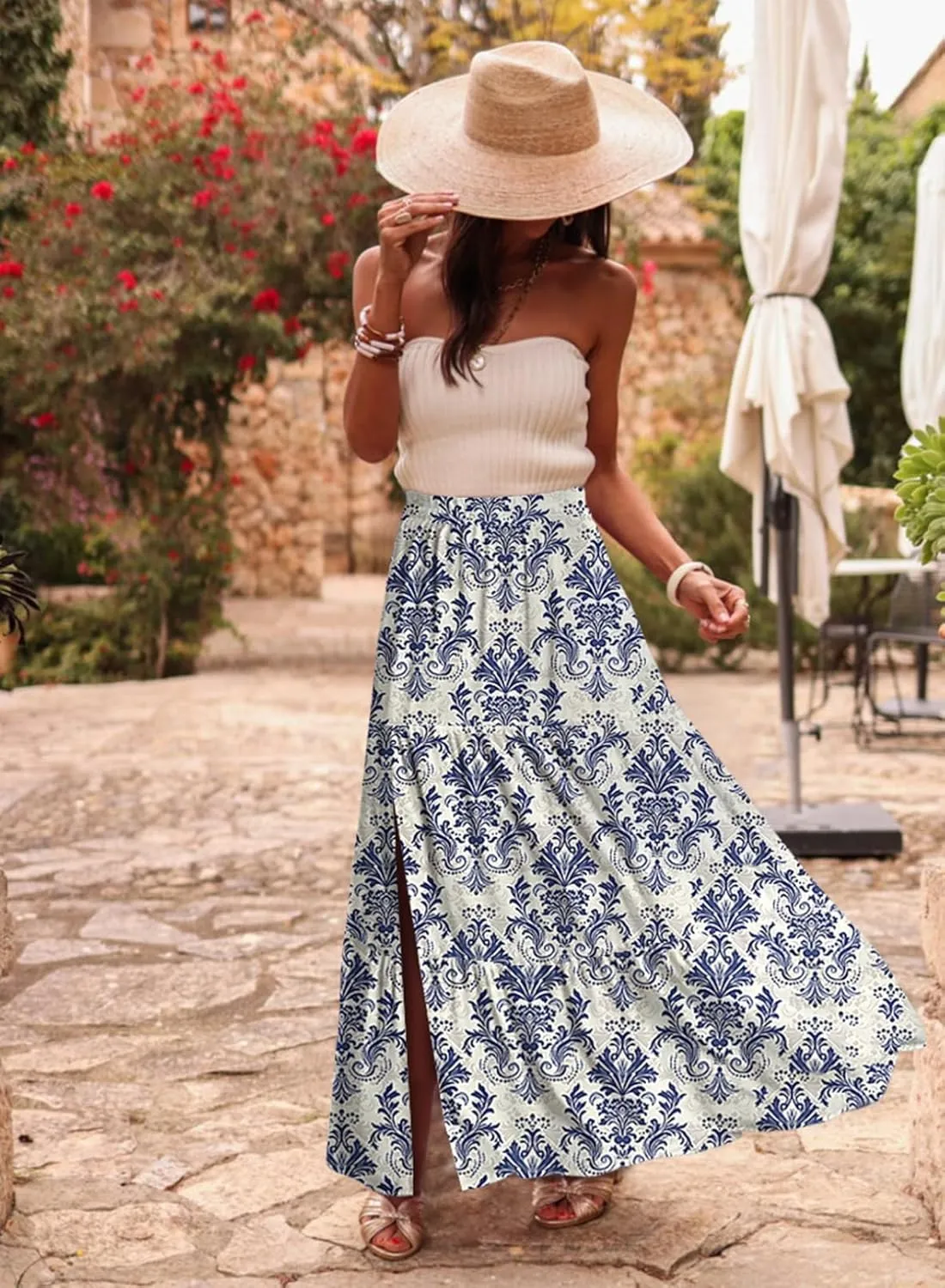 Happy Sailed Skirts for Women Spring Summer Boho Floral Print High Waist Flowy Split A Line Maxi Skirt with Pockets