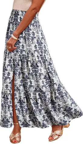 Happy Sailed Skirts for Women Spring Summer Boho Floral Print High Waist Flowy Split A Line Maxi Skirt with Pockets