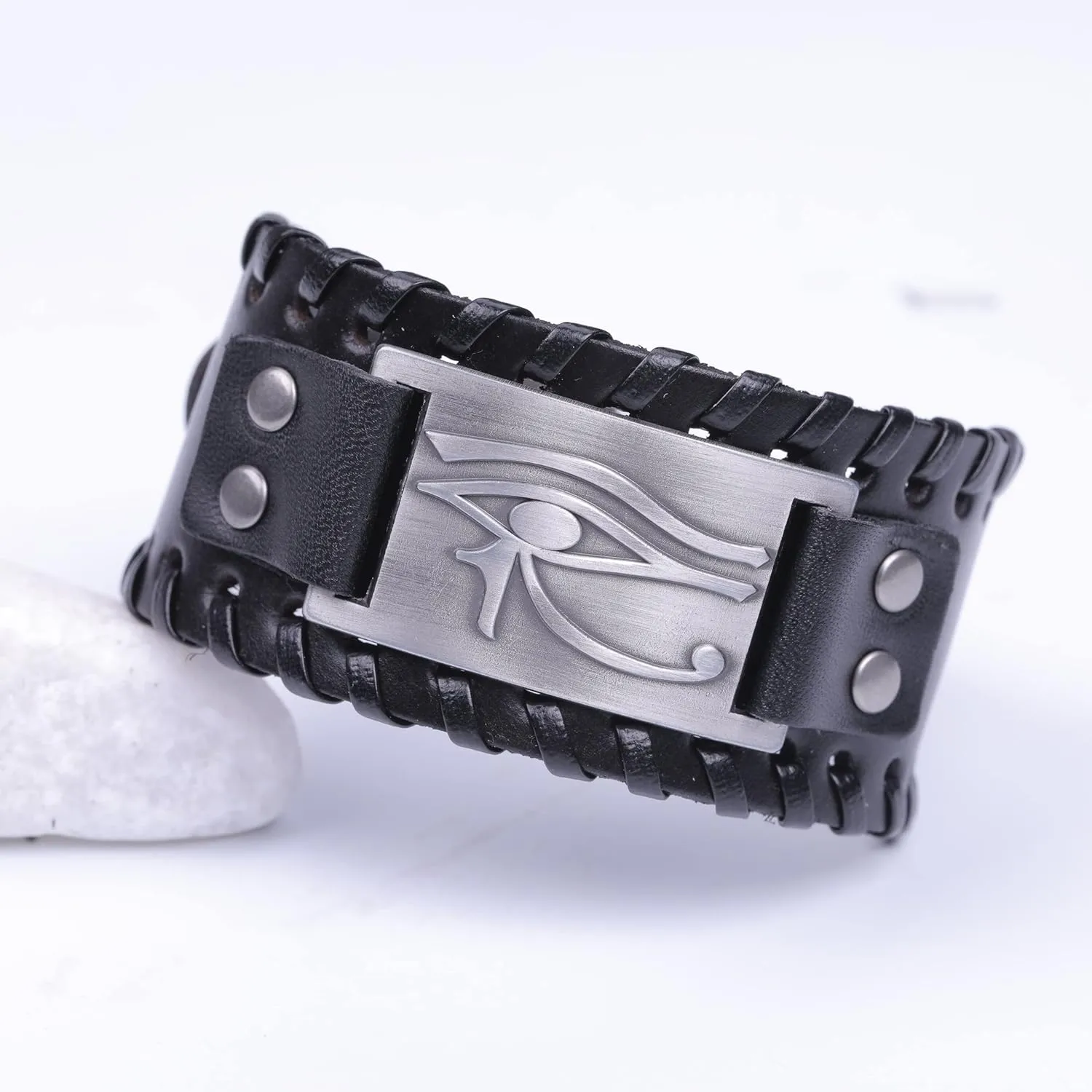 HAQUIL Viking Wiccan Egytian Black Brown Wide Leather Wristband Bracelet Ancient Medieval Jewelry Gift for Men