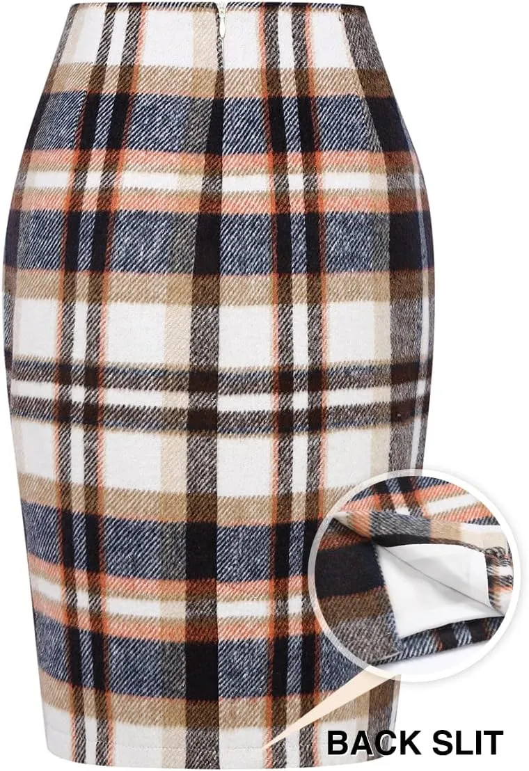 IDEALSANXUN Midi Plaid Skirts for Women Fall Winter Knee Length Pencil Wool Skirt with Slit