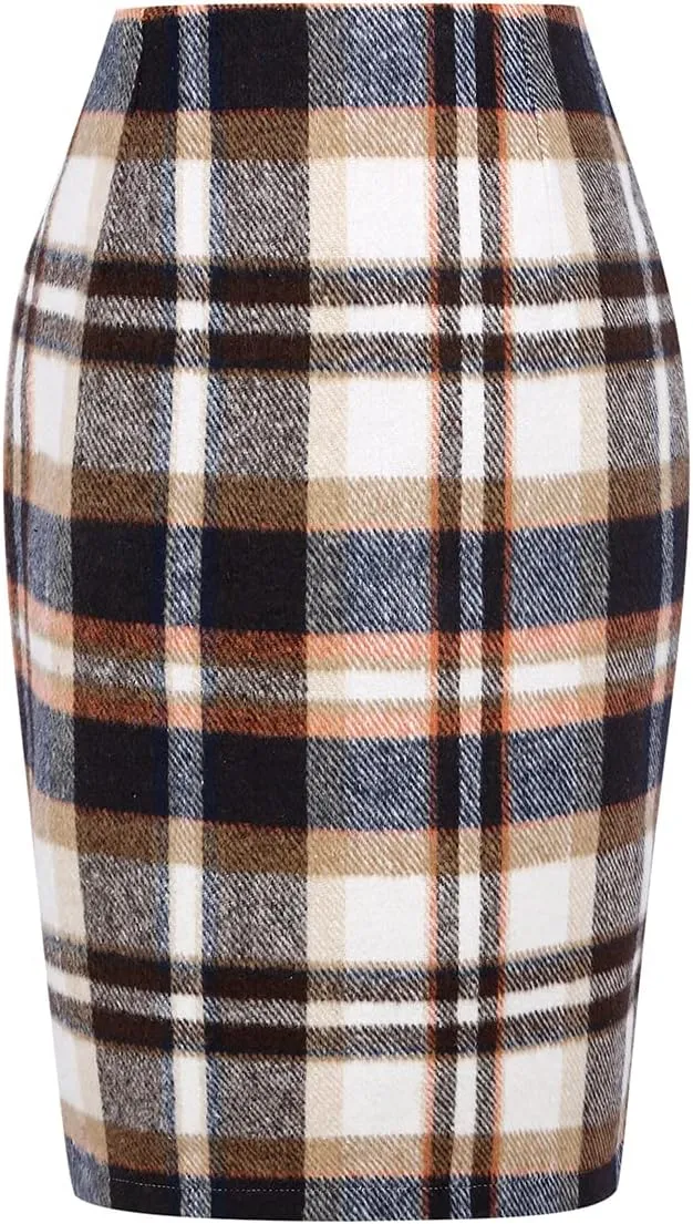 IDEALSANXUN Midi Plaid Skirts for Women Fall Winter Knee Length Pencil Wool Skirt with Slit