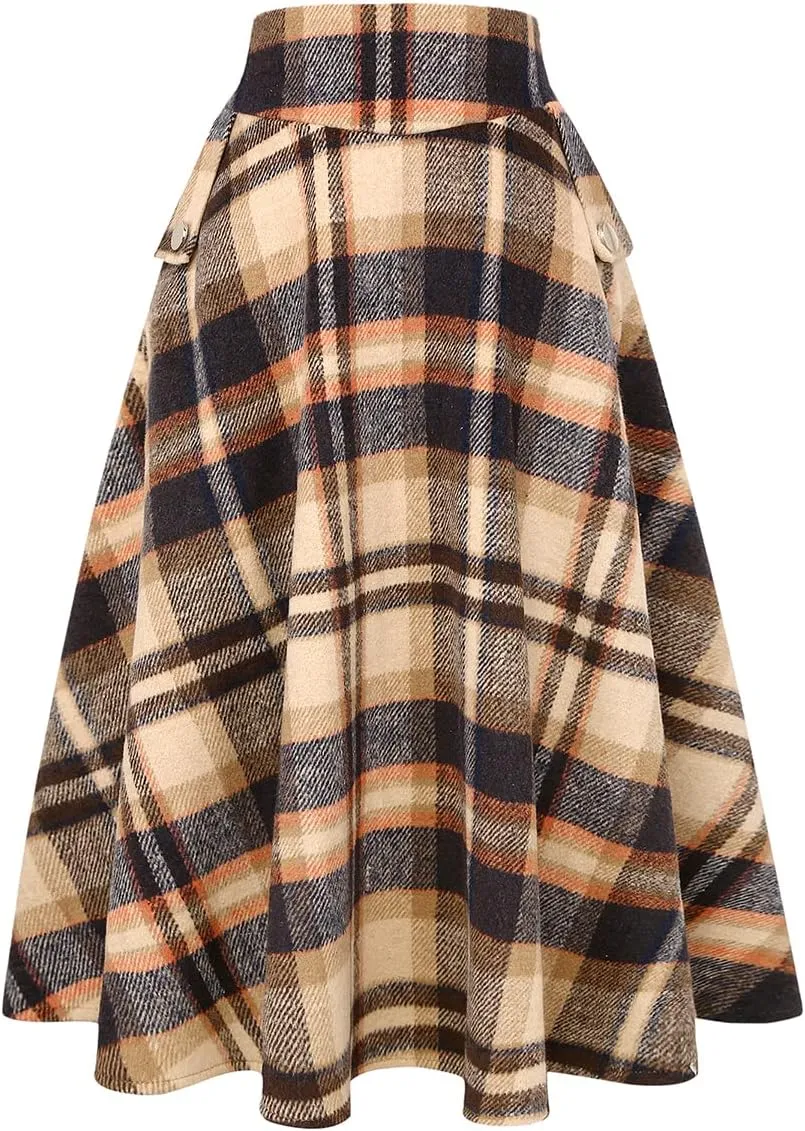 IDEALSANXUN Womens Fall Winter High Waisted Wool Plaid A-line Long Skirt