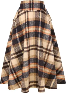 IDEALSANXUN Womens Fall Winter High Waisted Wool Plaid A-line Long Skirt