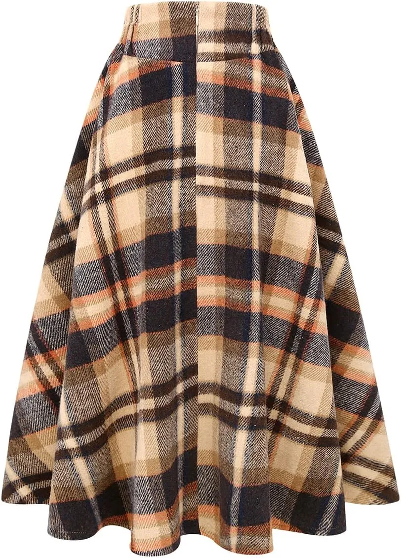 IDEALSANXUN Womens Fall Winter High Waisted Wool Plaid A-line Long Skirt