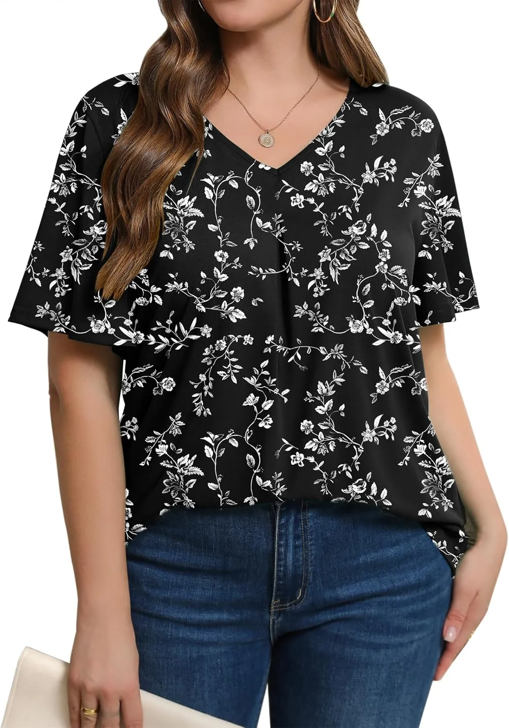 IN'VOLAND Womens Plus Size Tops Summer Short Sleeve Tunic V Neck Dressy Flutter Sleeve Blouses Work Tops Casual T-Shirts