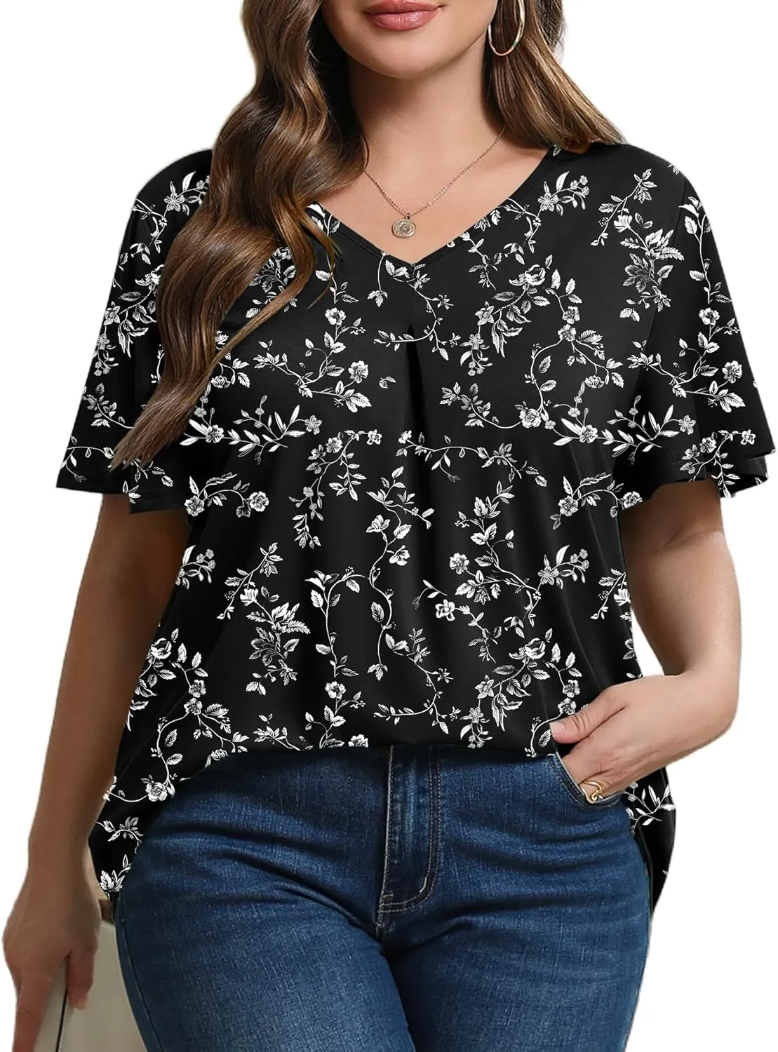 IN'VOLAND Womens Plus Size Tops Summer Short Sleeve Tunic V Neck Dressy Flutter Sleeve Blouses Work Tops Casual T-Shirts