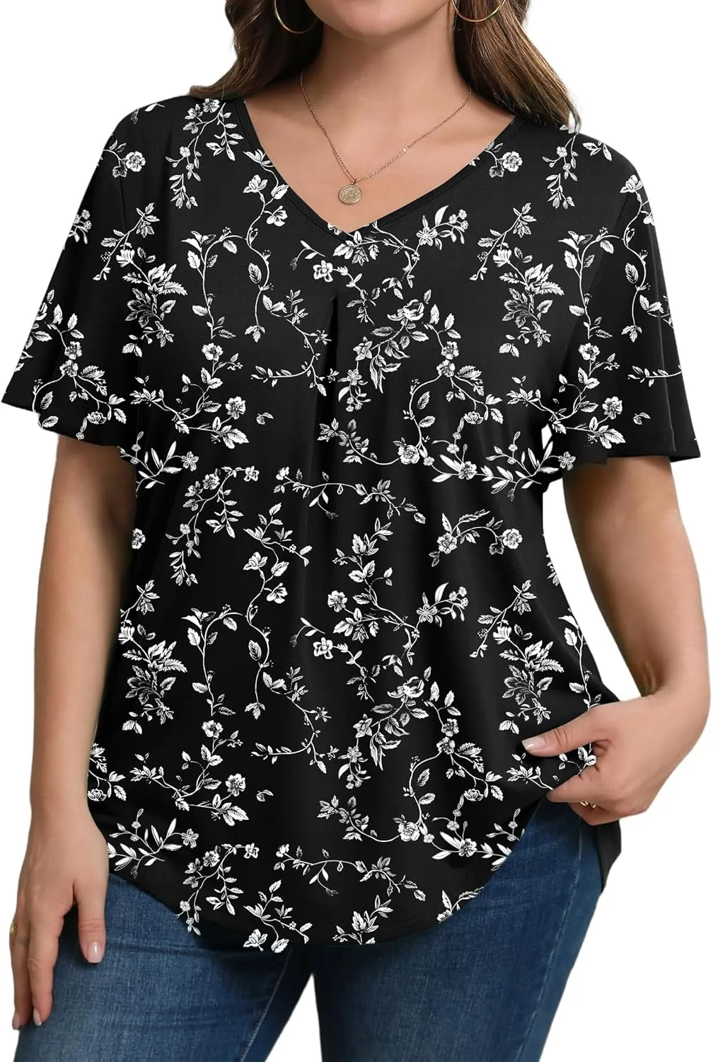 IN'VOLAND Womens Plus Size Tops Summer Short Sleeve Tunic V Neck Dressy Flutter Sleeve Blouses Work Tops Casual T-Shirts