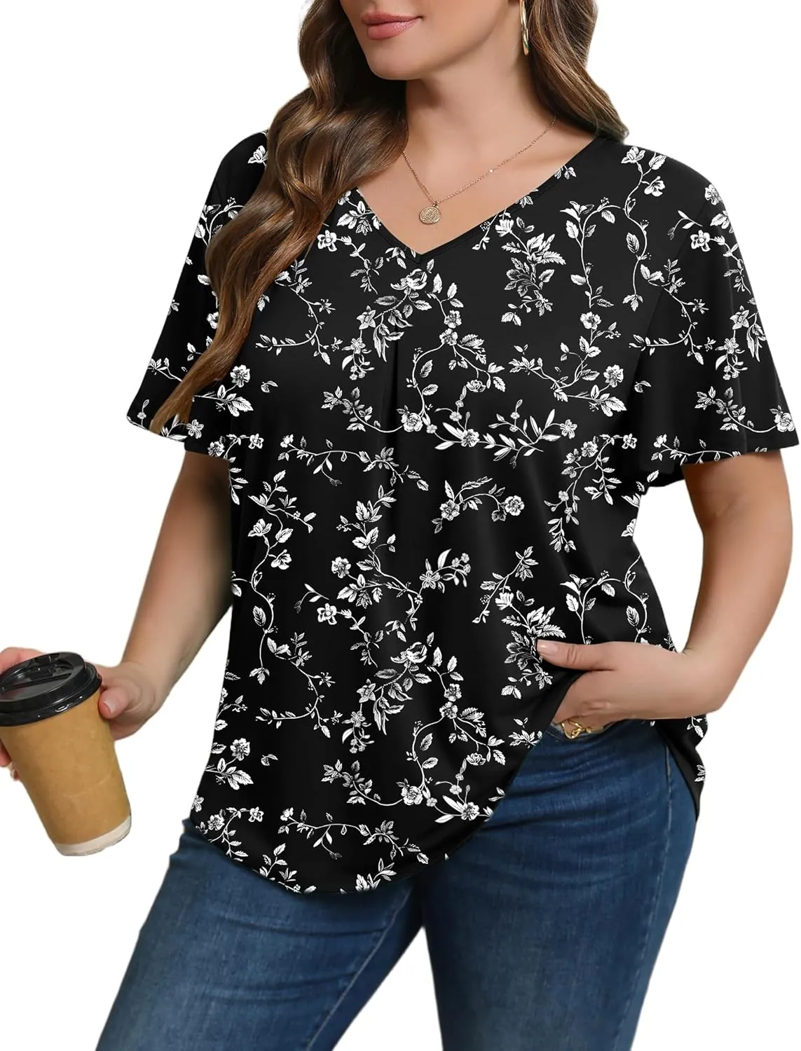 IN'VOLAND Womens Plus Size Tops Summer Short Sleeve Tunic V Neck Dressy Flutter Sleeve Blouses Work Tops Casual T-Shirts