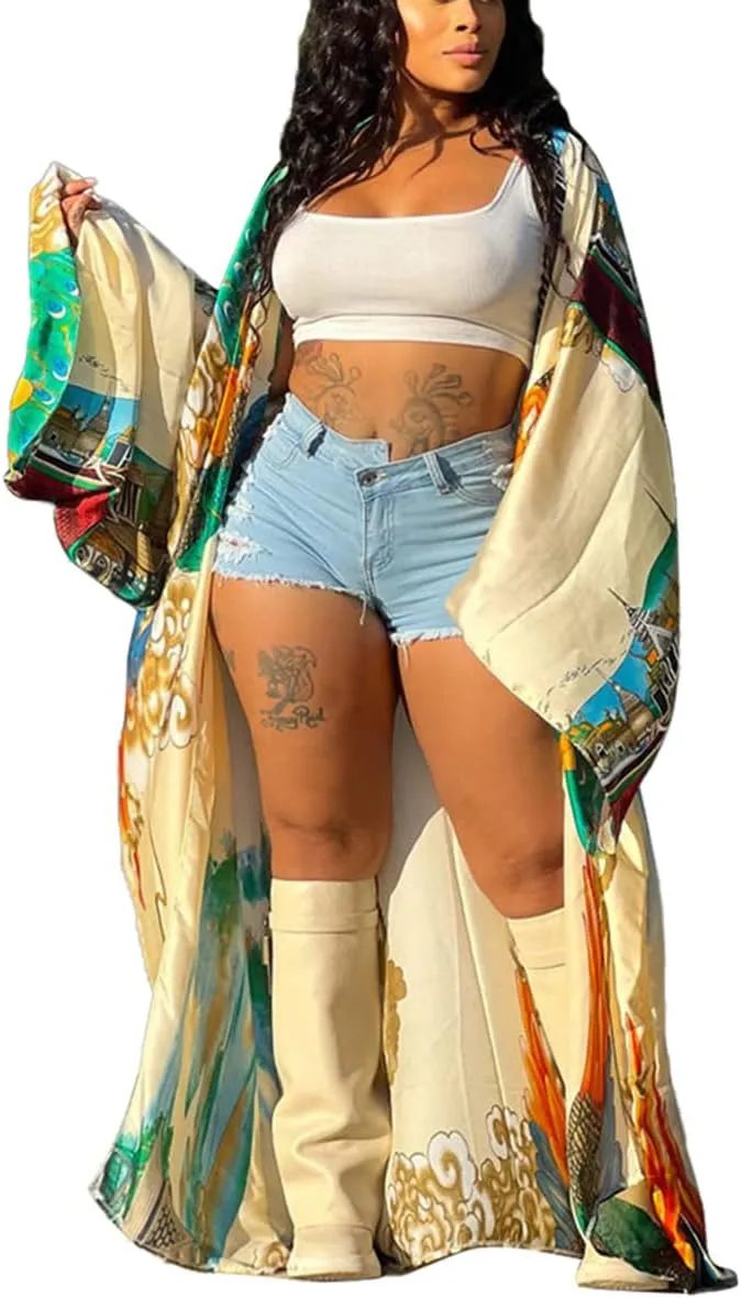 Kimono Cardigan for Women Long Boho Satin Kimono Robes Plus Size Open Front Beach Swimsuit Cover Ups Lightweight Duster