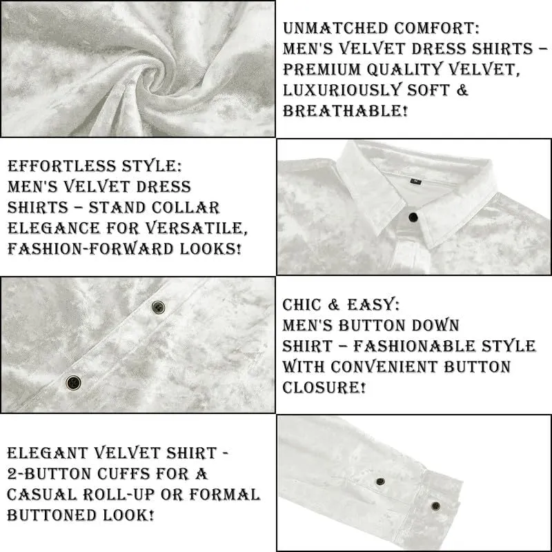 KISSQIQI Mens Dress Shirts Velvet Long Sleeve Shirts Casual Button Down Solid Slim Fit Muscle Shirt for Wedding Party