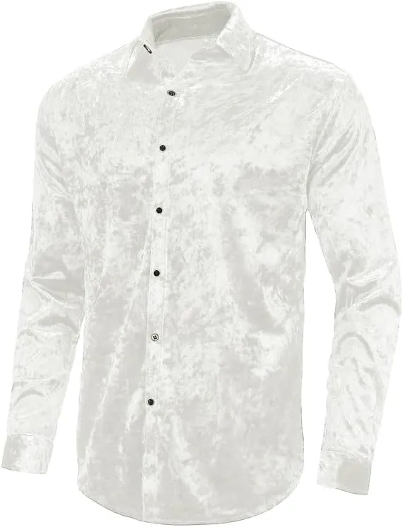 KISSQIQI Mens Dress Shirts Velvet Long Sleeve Shirts Casual Button Down Solid Slim Fit Muscle Shirt for Wedding Party