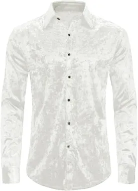 KISSQIQI Mens Dress Shirts Velvet Long Sleeve Shirts Casual Button Down Solid Slim Fit Muscle Shirt for Wedding Party
