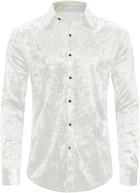 KISSQIQI Mens Dress Shirts Velvet Long Sleeve Shirts Casual Button Down Solid Slim Fit Muscle Shirt for Wedding Party