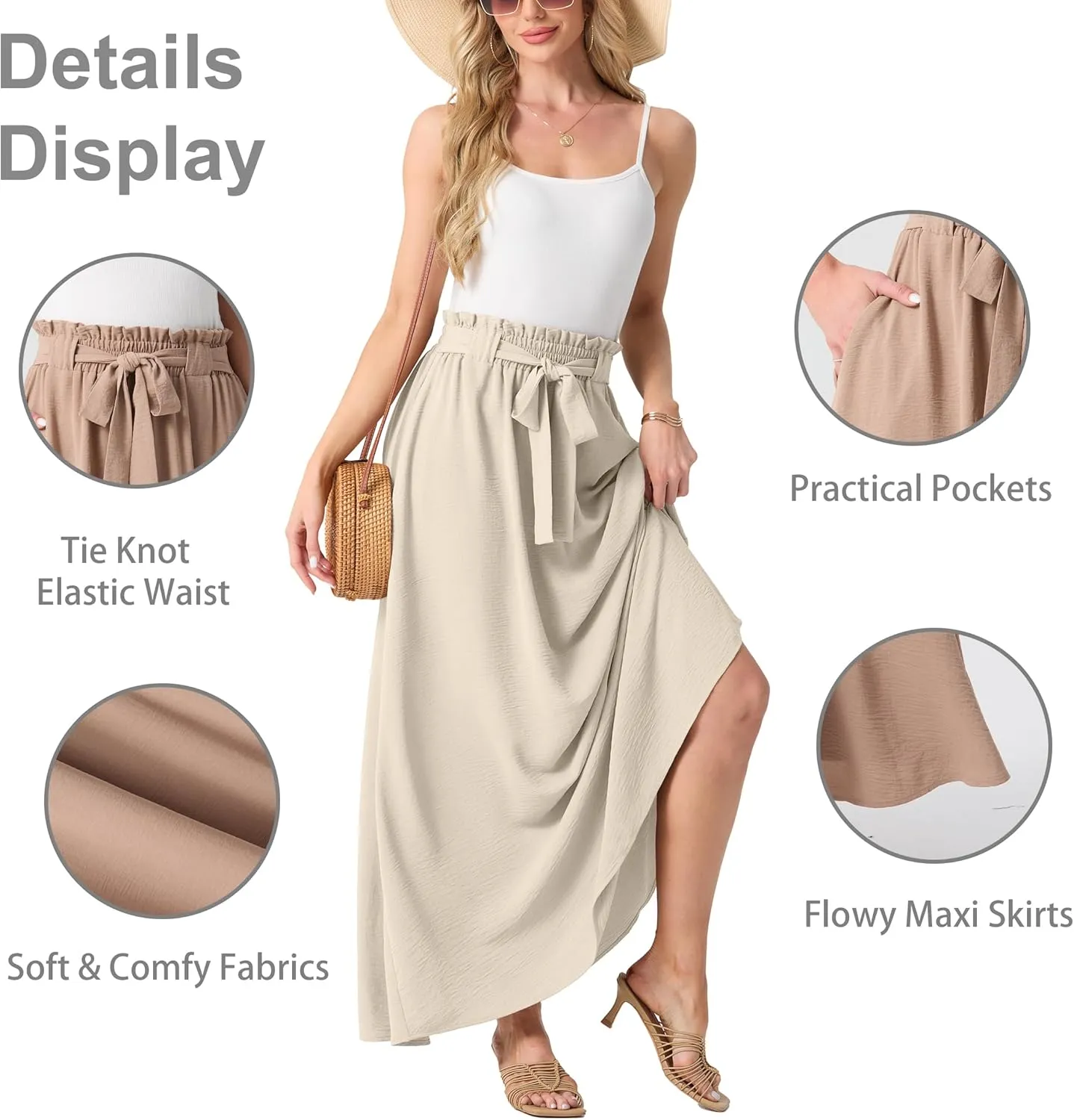 Lepunuo Womens Maxi Skirts Casual Boho Elastic High Waisted Flowy Long Skirts Trendy Floral Cute Skirts with Pockets