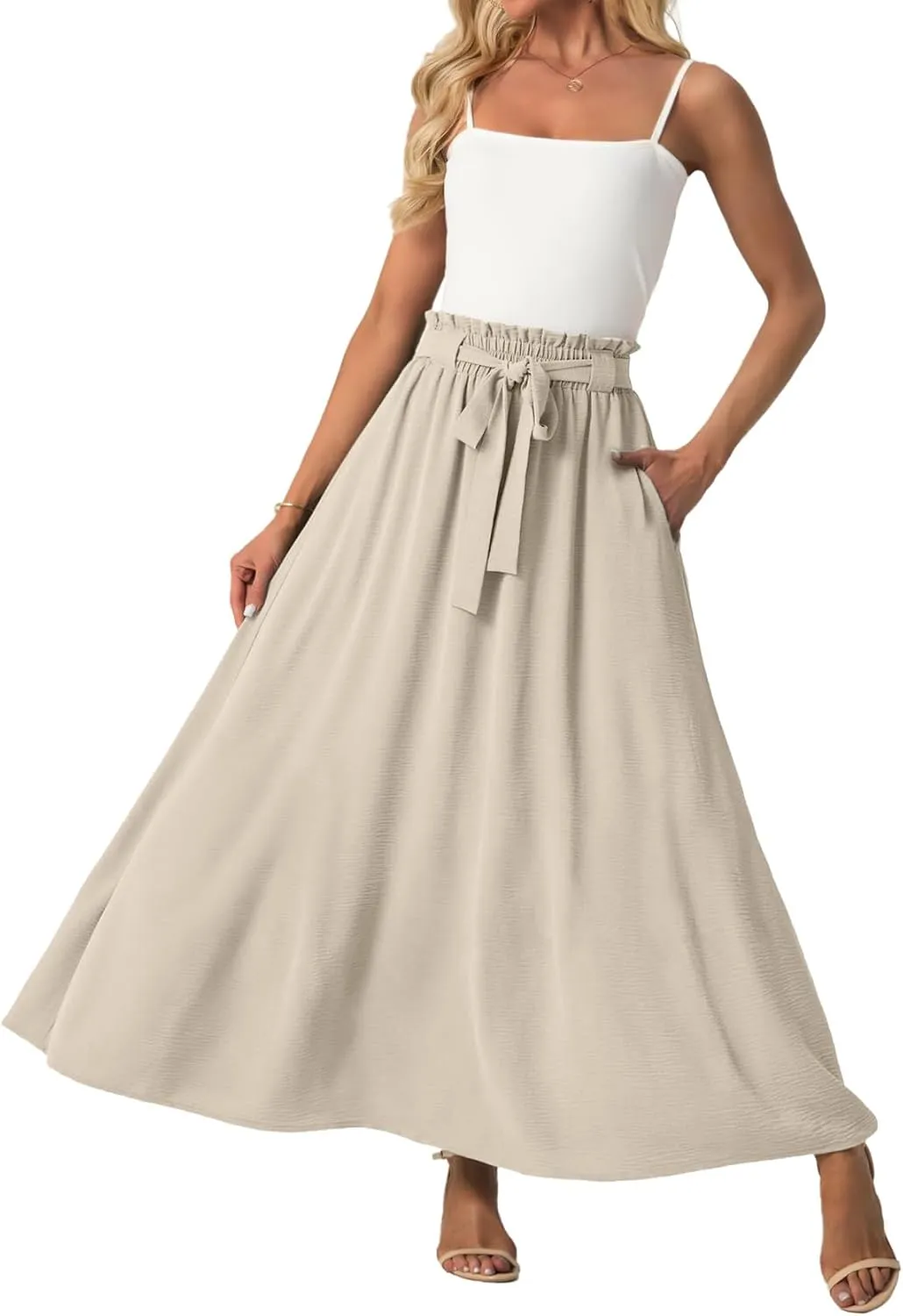 Lepunuo Womens Maxi Skirts Casual Boho Elastic High Waisted Flowy Long Skirts Trendy Floral Cute Skirts with Pockets