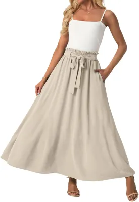 Lepunuo Womens Maxi Skirts Casual Boho Elastic High Waisted Flowy Long Skirts Trendy Floral Cute Skirts with Pockets