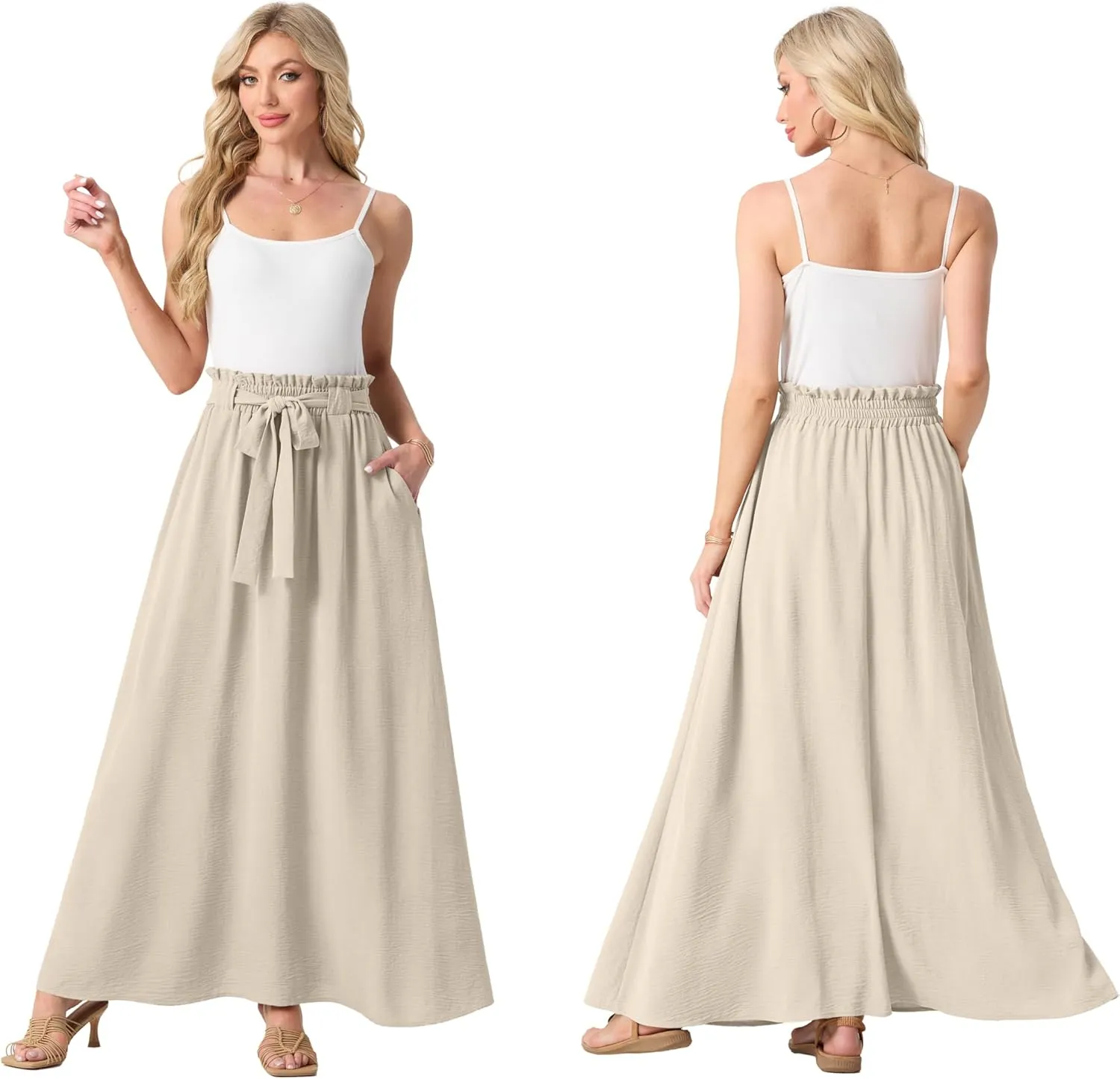 Lepunuo Womens Maxi Skirts Casual Boho Elastic High Waisted Flowy Long Skirts Trendy Floral Cute Skirts with Pockets