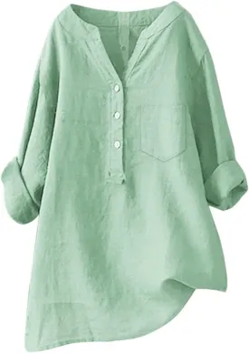 Linen Shirts for Women 2025 Spring Summer Plus Size Long Sleeve Tops Dressy Casual Loose Comfy Work Gauze Blouses