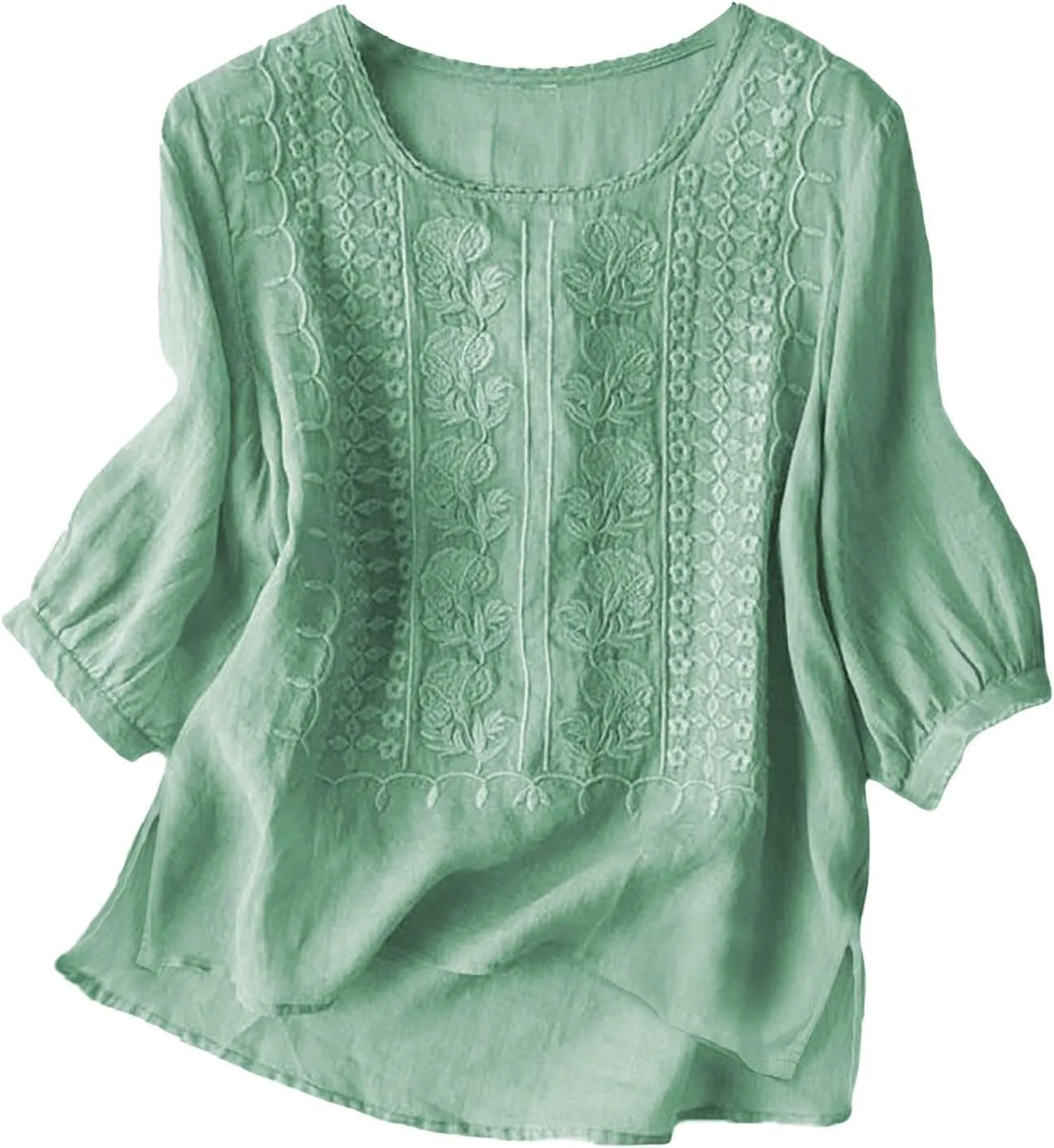 Linen Shirts for Women 2025 Women's Summer Linen 3/4 Sleeve Tunics Retro Embroidered Boho Loose Casual Styles