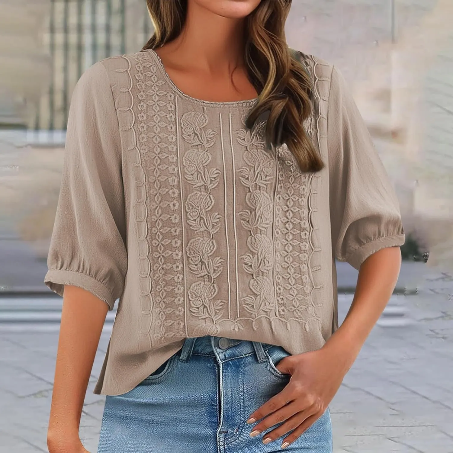 Linen Shirts for Women 2025 Women's Summer Linen 3/4 Sleeve Tunics Retro Embroidered Boho Loose Casual Styles