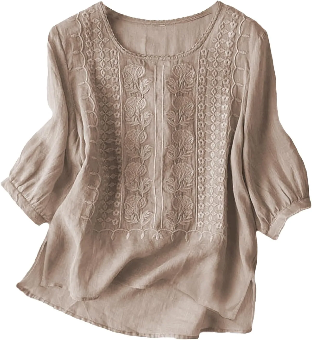 Linen Shirts for Women 2025 Women's Summer Linen 3/4 Sleeve Tunics Retro Embroidered Boho Loose Casual Styles