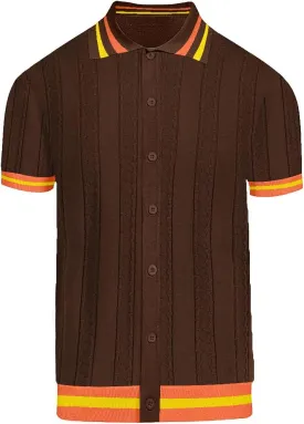 Men's Brown Knitted Polo Shirt, Retro Stripe Casual Poloshirt Summer Short Sleeve with Button