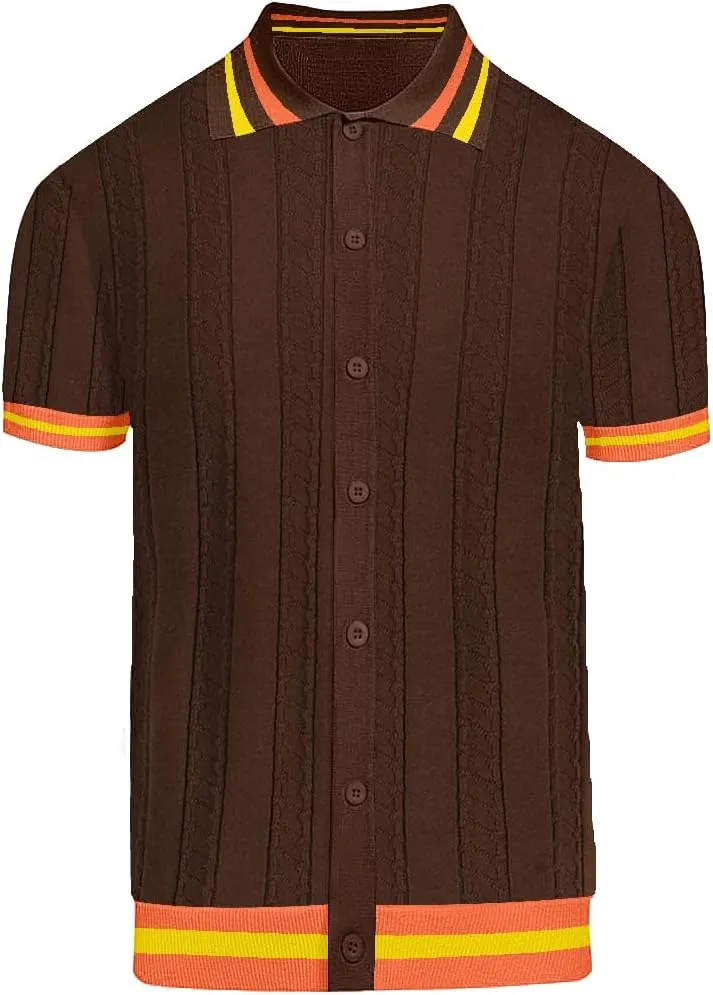 Men's Brown Knitted Polo Shirt, Retro Stripe Casual Poloshirt Summer Short Sleeve with Button