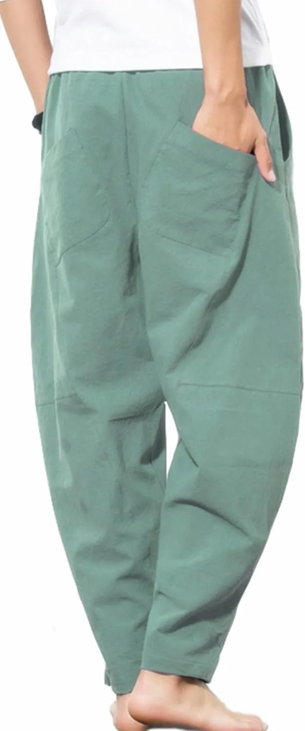 Men's Casual Cotton Linen Pants Elastic Waist Drawstring Beach Summer Lightweight Trousers