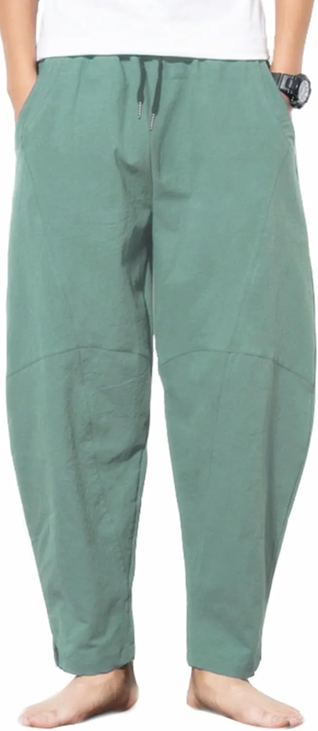Men's Casual Cotton Linen Pants Elastic Waist Drawstring Beach Summer Lightweight Trousers