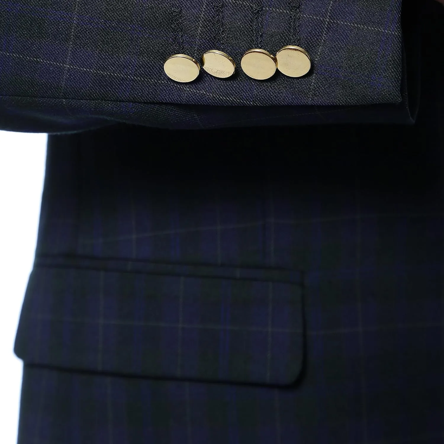 Men's Sodi Black & Purple Tartan Plaid Gold Button Slim Fit Blazer