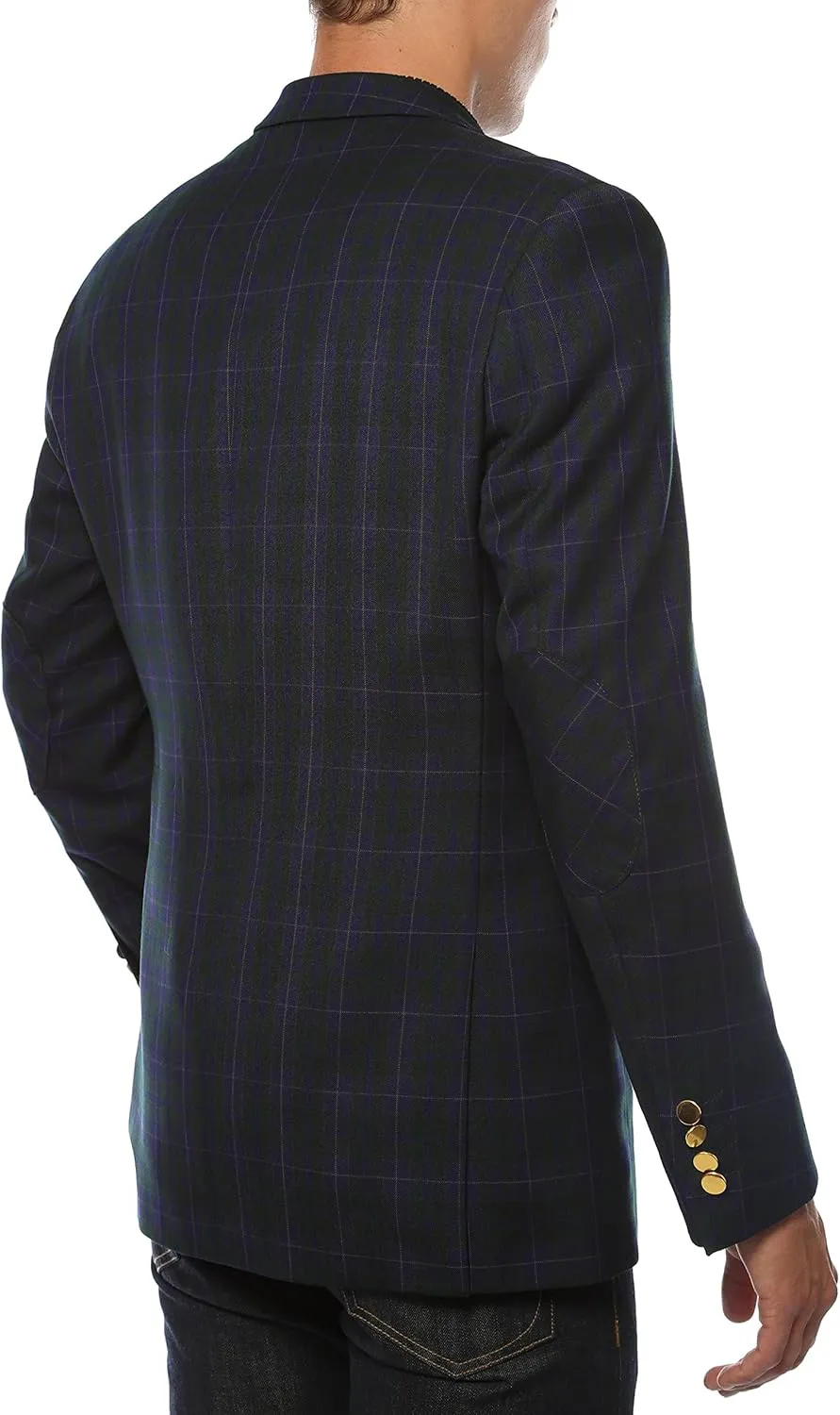 Men's Sodi Black & Purple Tartan Plaid Gold Button Slim Fit Blazer