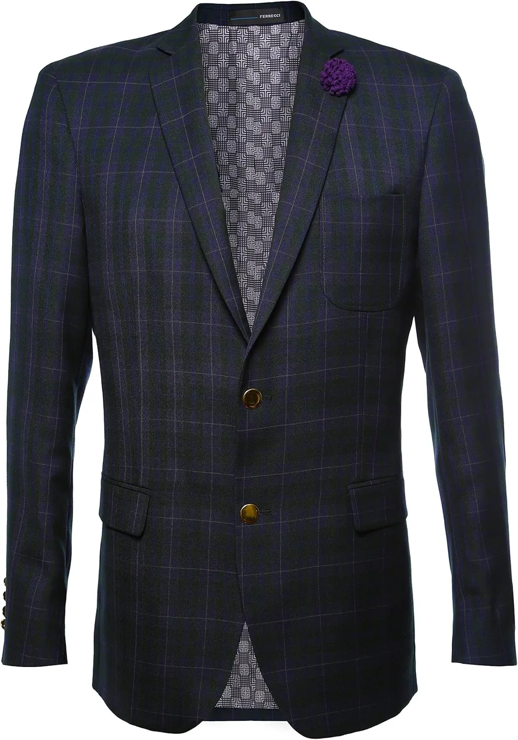 Men's Sodi Black & Purple Tartan Plaid Gold Button Slim Fit Blazer