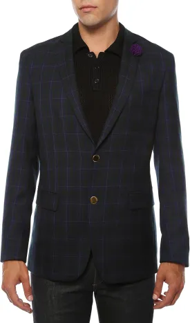 Men's Sodi Black & Purple Tartan Plaid Gold Button Slim Fit Blazer