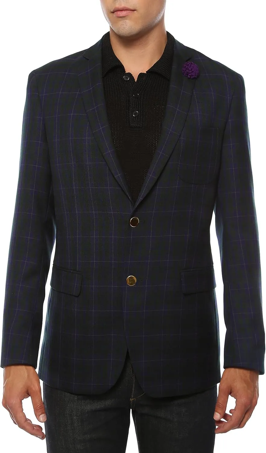 Men's Sodi Black & Purple Tartan Plaid Gold Button Slim Fit Blazer