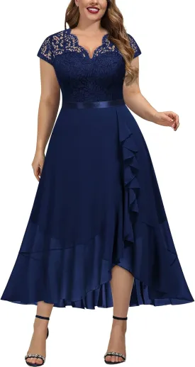 Miusol Women's Plus Size V Neck Elegant Floral Lace Ruffle Bridesmaid Maxi Dress