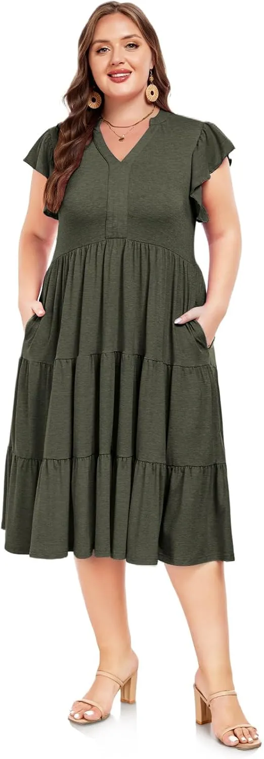 Moon Wood Womens Plus Size V Neck Ruffle Midi Dress 2025 Summer Casual Flowy Tiered Dresses with Pockets