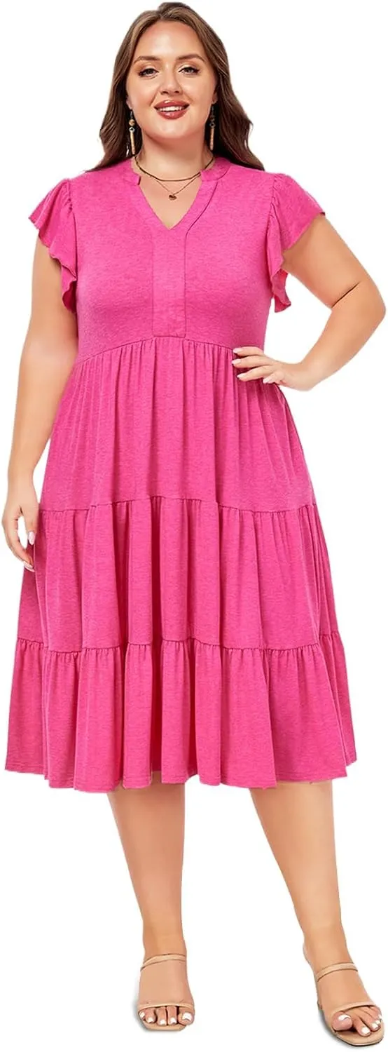 Moon Wood Womens Plus Size V Neck Ruffle Midi Dress 2025 Summer Casual Flowy Tiered Dresses with Pockets