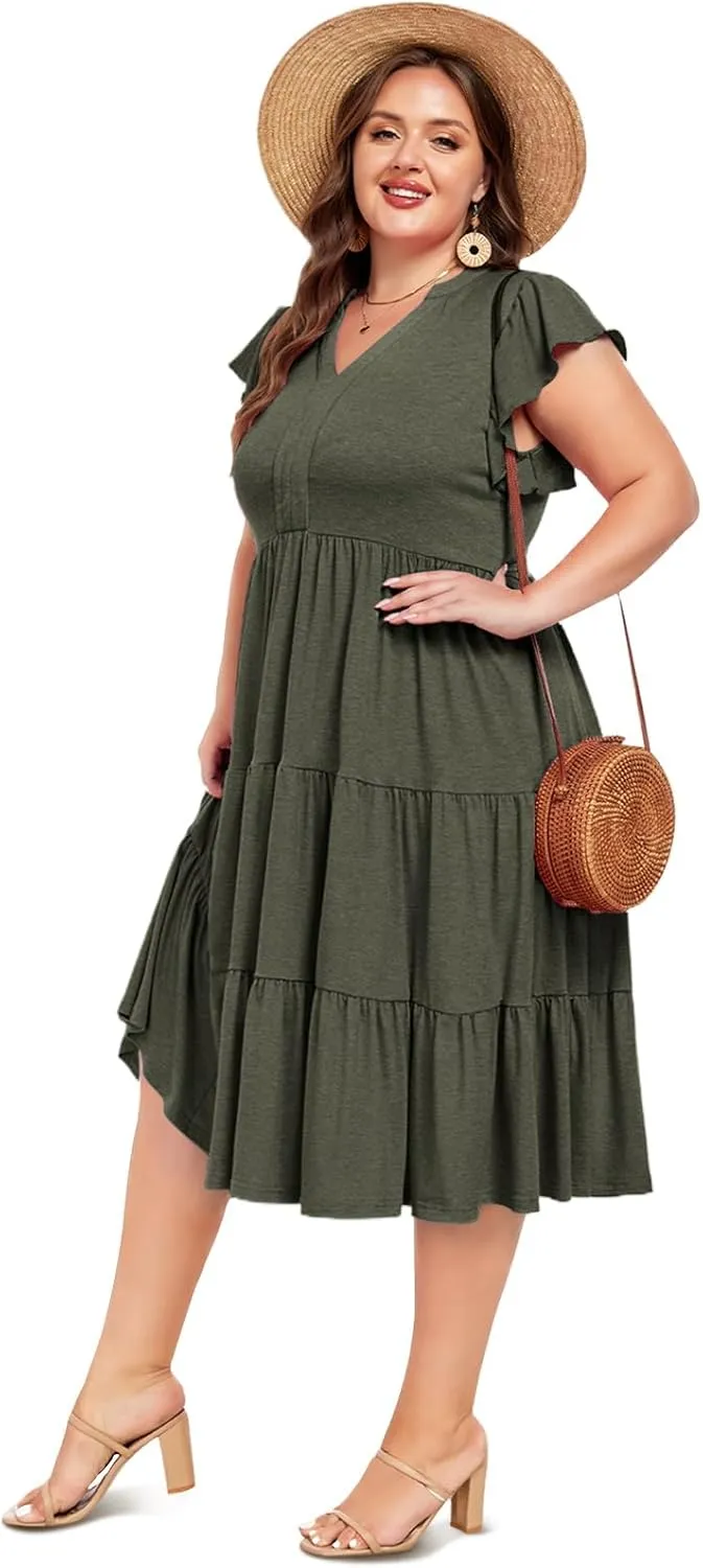 Moon Wood Womens Plus Size V Neck Ruffle Midi Dress 2025 Summer Casual Flowy Tiered Dresses with Pockets