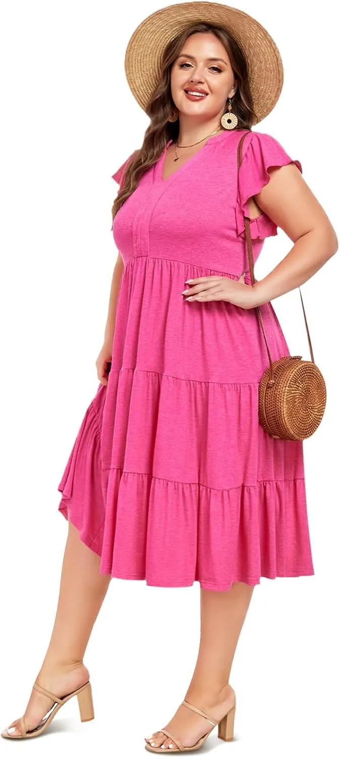 Moon Wood Womens Plus Size V Neck Ruffle Midi Dress 2025 Summer Casual Flowy Tiered Dresses with Pockets