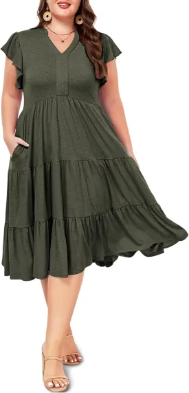 Moon Wood Womens Plus Size V Neck Ruffle Midi Dress 2025 Summer Casual Flowy Tiered Dresses with Pockets