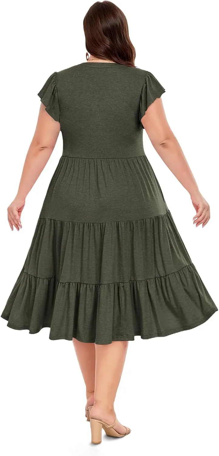 Moon Wood Womens Plus Size V Neck Ruffle Midi Dress 2025 Summer Casual Flowy Tiered Dresses with Pockets