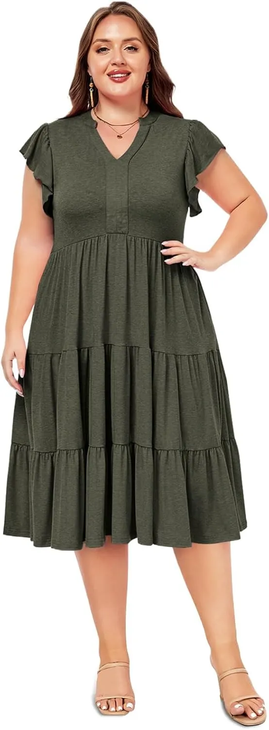 Moon Wood Womens Plus Size V Neck Ruffle Midi Dress 2025 Summer Casual Flowy Tiered Dresses with Pockets