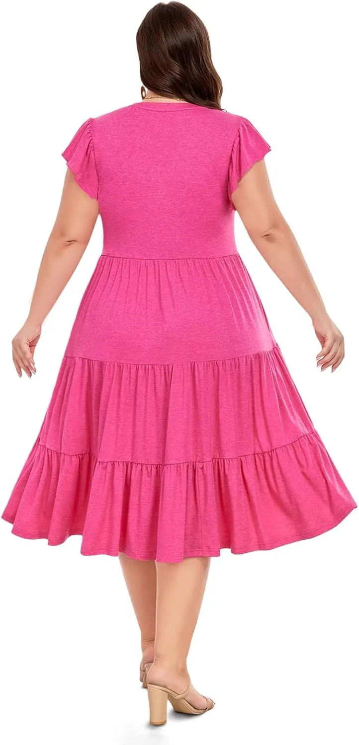 Moon Wood Womens Plus Size V Neck Ruffle Midi Dress 2025 Summer Casual Flowy Tiered Dresses with Pockets