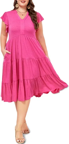 Moon Wood Womens Plus Size V Neck Ruffle Midi Dress 2025 Summer Casual Flowy Tiered Dresses with Pockets