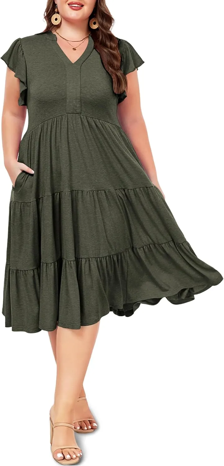 Moon Wood Womens Plus Size V Neck Ruffle Midi Dress 2025 Summer Casual Flowy Tiered Dresses with Pockets