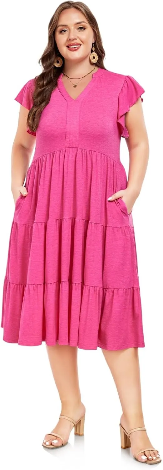 Moon Wood Womens Plus Size V Neck Ruffle Midi Dress 2025 Summer Casual Flowy Tiered Dresses with Pockets