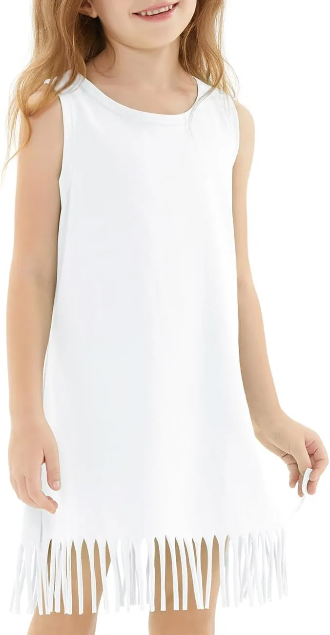 Noomelfish Girls Sleeveless Fringe Dress Cotton Summer Casual Sundress (3-12 Years)