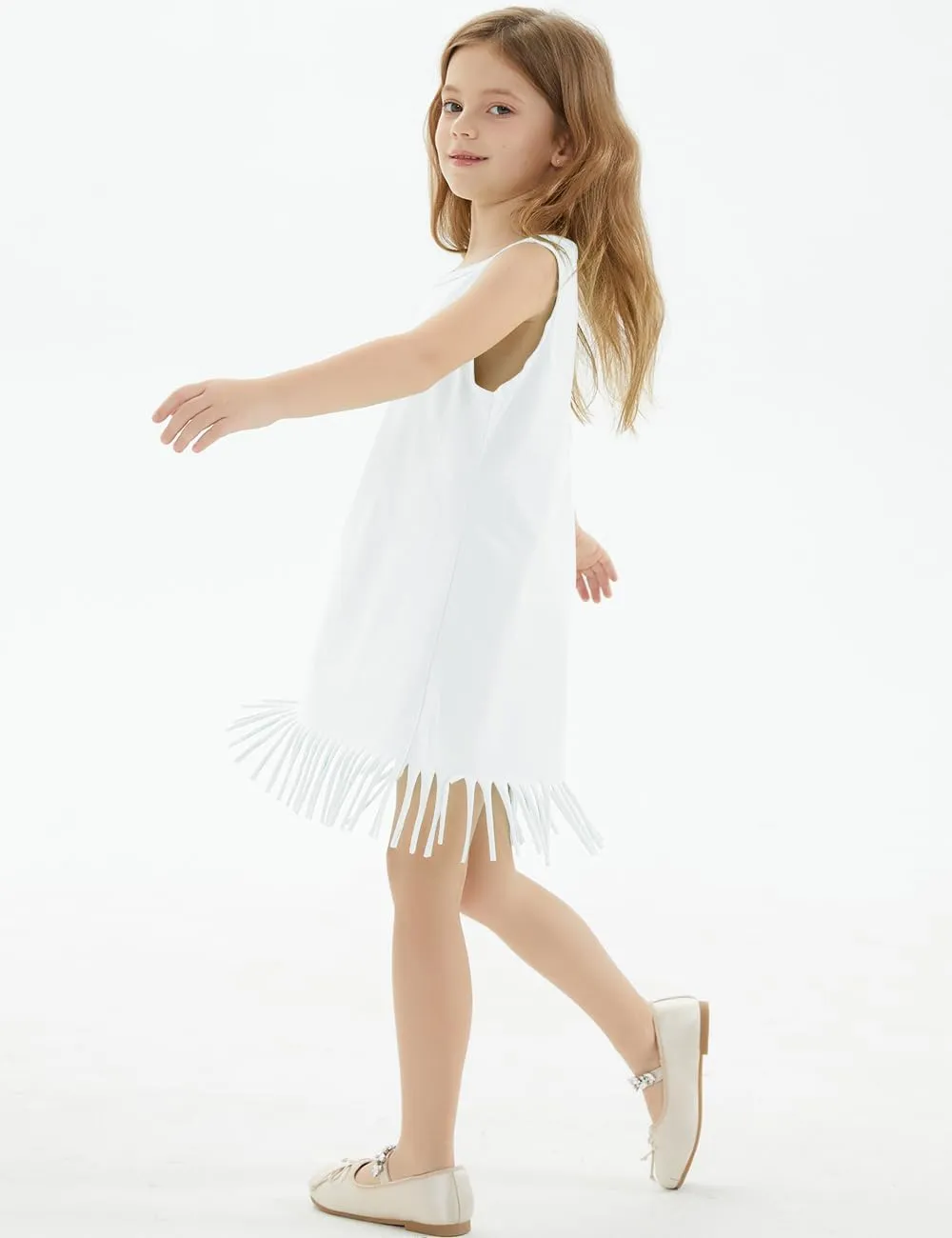 Noomelfish Girls Sleeveless Fringe Dress Cotton Summer Casual Sundress (3-12 Years)