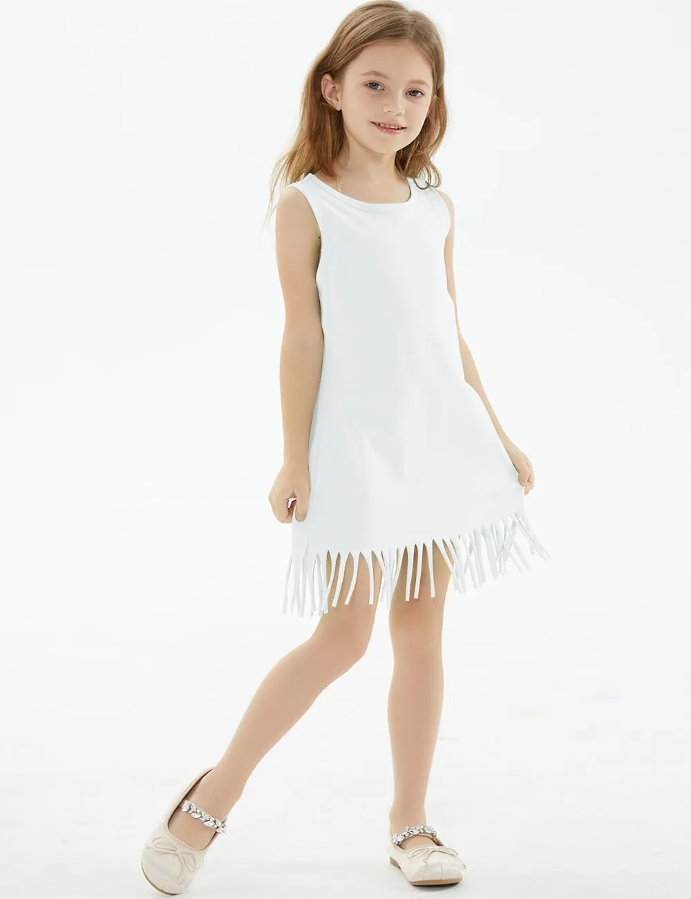 Noomelfish Girls Sleeveless Fringe Dress Cotton Summer Casual Sundress (3-12 Years)